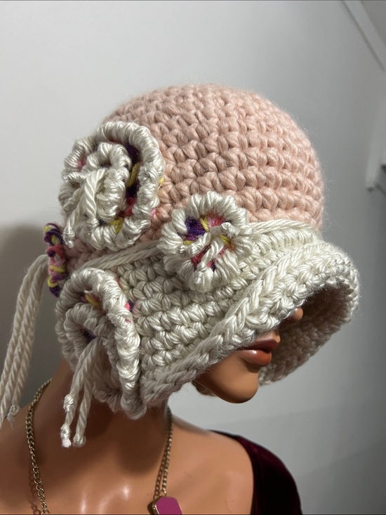 Crocheted Pink and Cream Flower Bucket Hat for Women main image 7